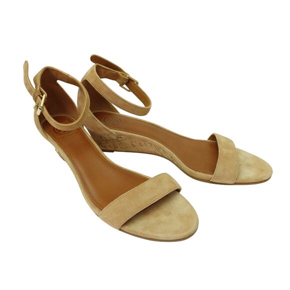 Tory Burch Shoes - Tory Burch Womens Savannah Wedge Sandal Suede Ankle Strap Buckle Tan Size 10.5